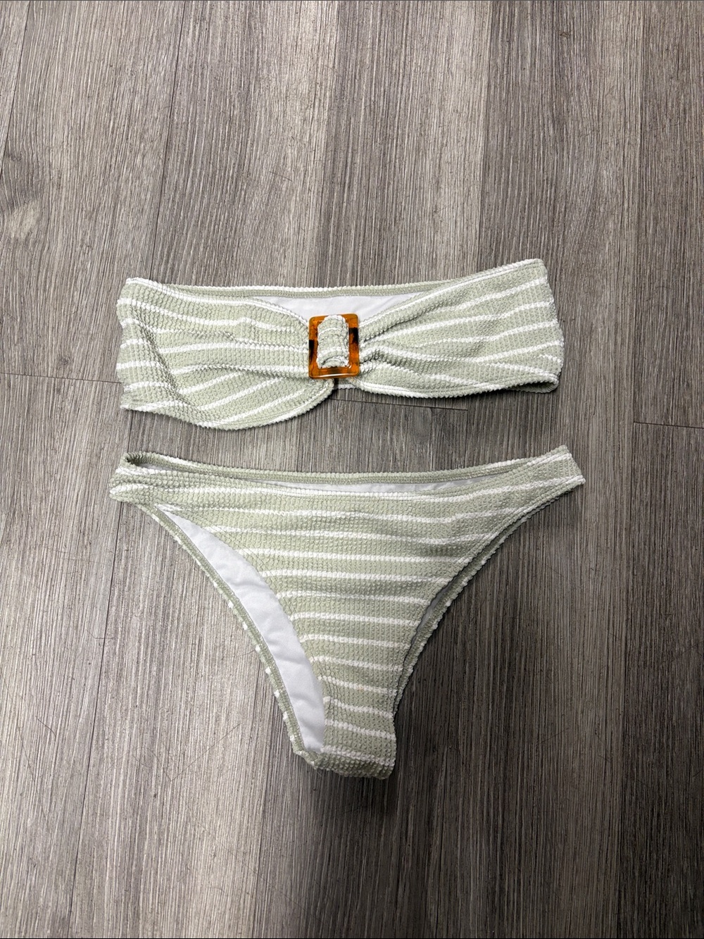Striped Sage Bandeau Bikini Set with Buckle Detail